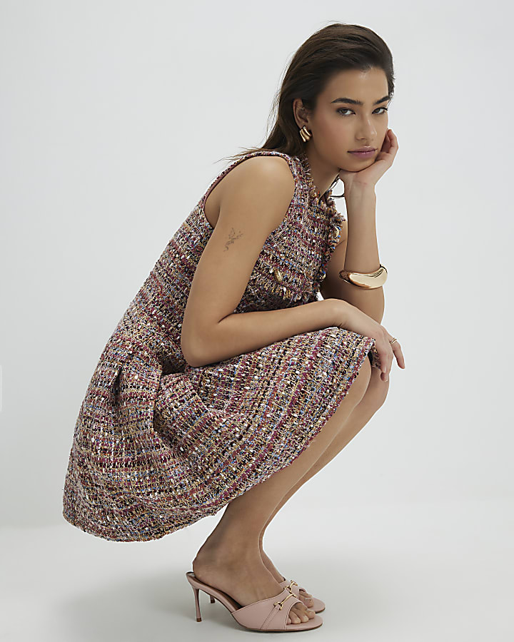 Brown Boucle Pleated Mini Dress