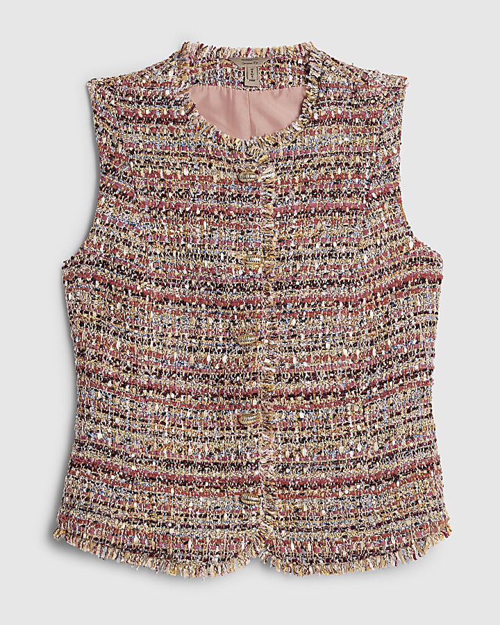 Red Boucle Sleeveless Fringed Waistcoat