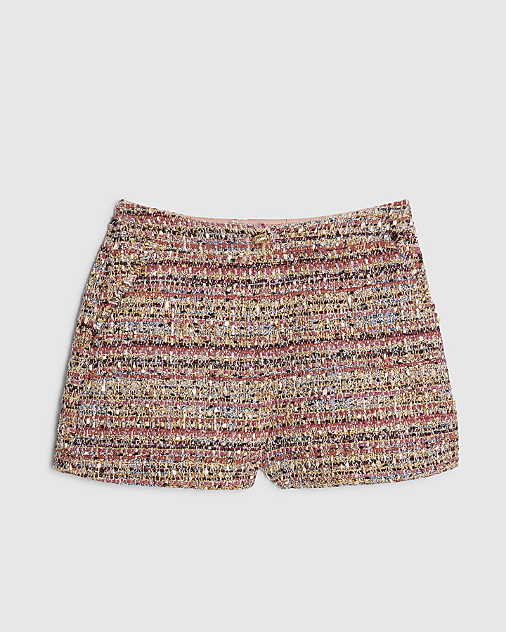 Red Boucle Fringed Hem Shorts