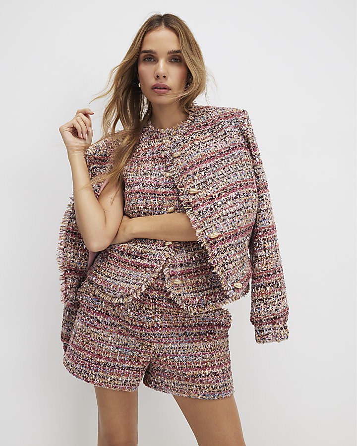 Red Boucle Fringed Hem Shorts