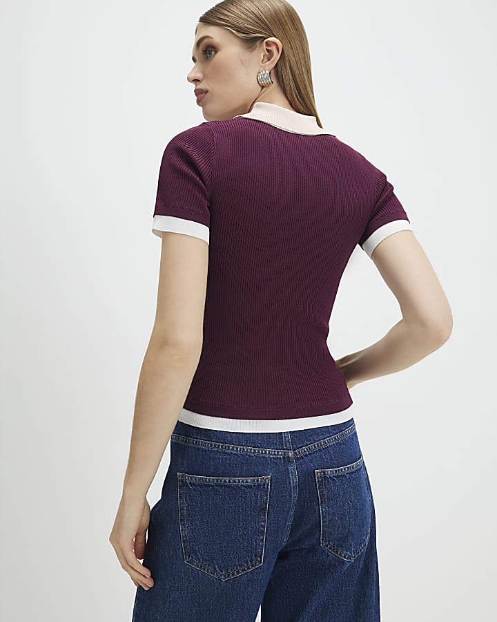 Red Ribbed Short Sleeve Layered Polo Shirt