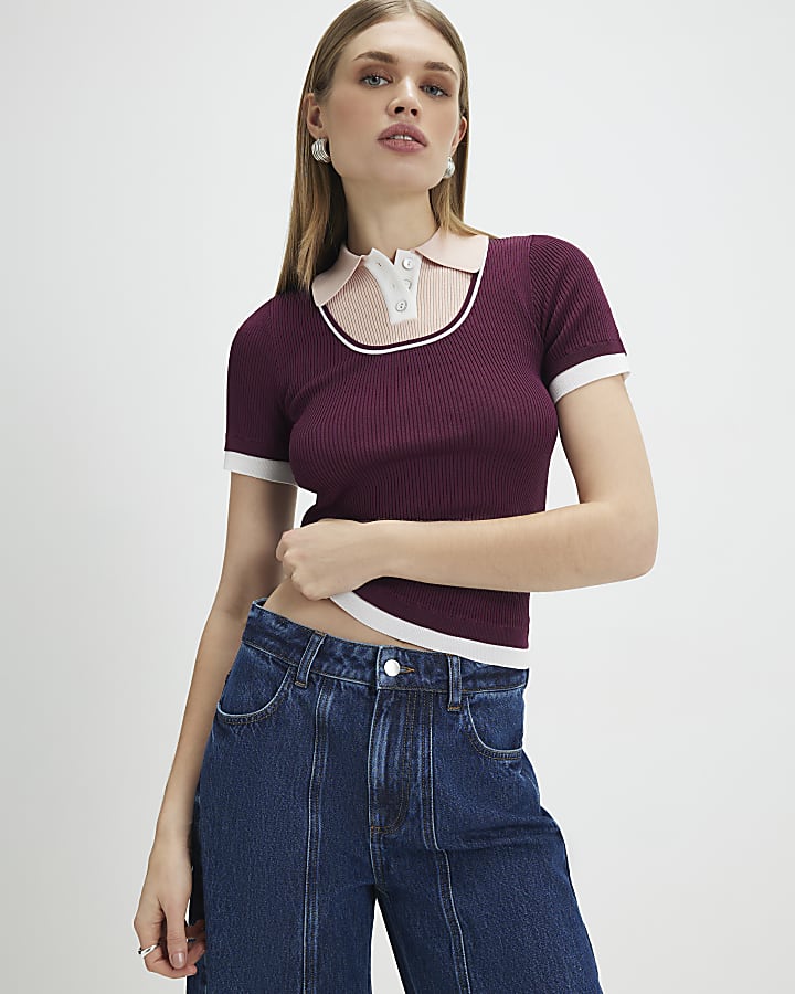 Red Ribbed Short Sleeve Layered Polo Shirt