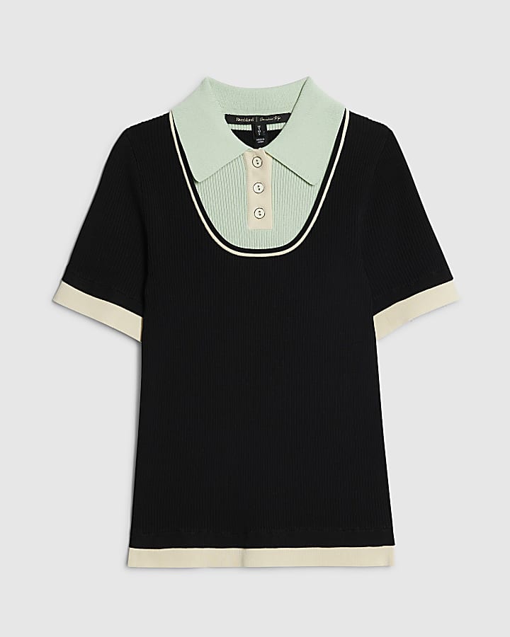 Navy Ribbed Short Sleeve Layered Polo Shirt