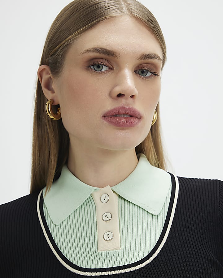 Navy Ribbed Short Sleeve Layered Polo Shirt