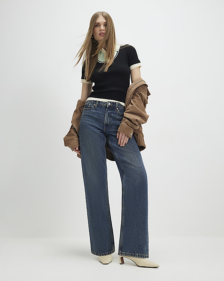 Navy Ribbed Short Sleeve Layered Polo Shirt