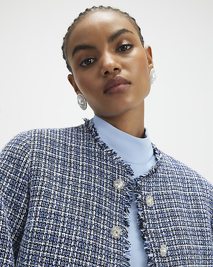 Blue Frayed Edge Boucle Jacket