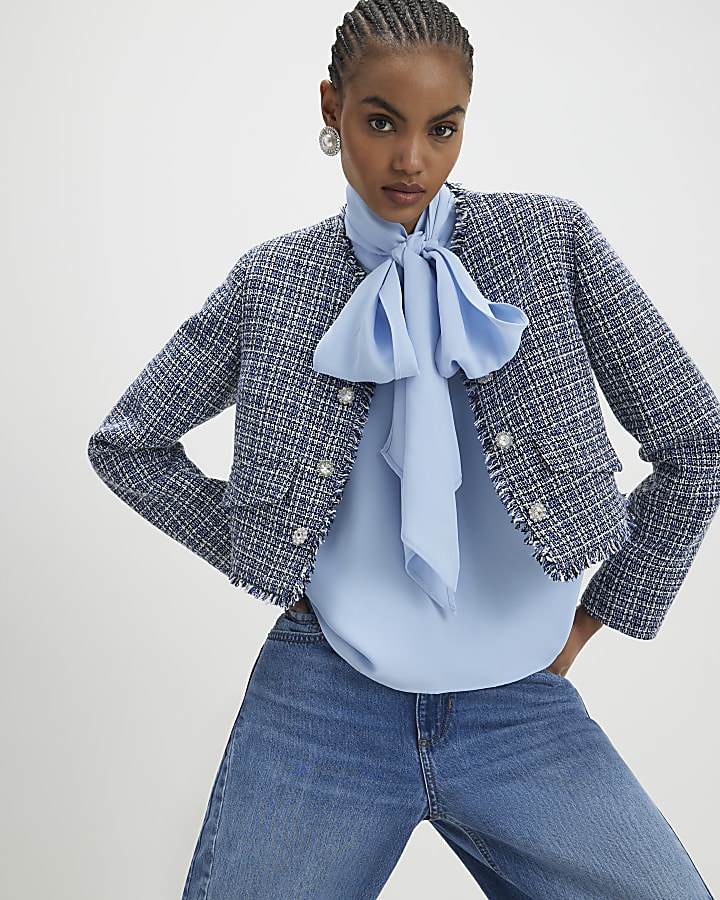 Blue Frayed Edge Boucle Jacket