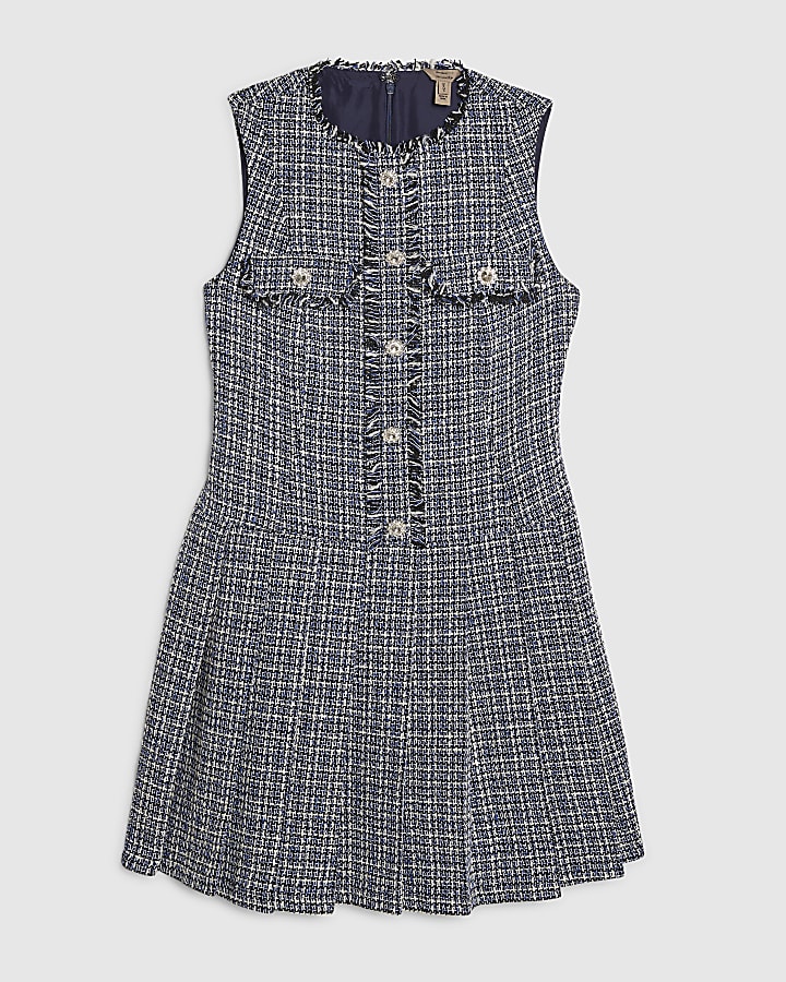 Blue Sleeveless Boucle Pleated Hem Mini Dress