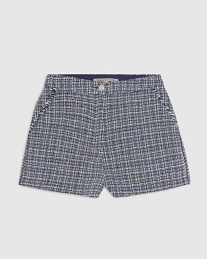 Blue Boucle Fringed Shorts