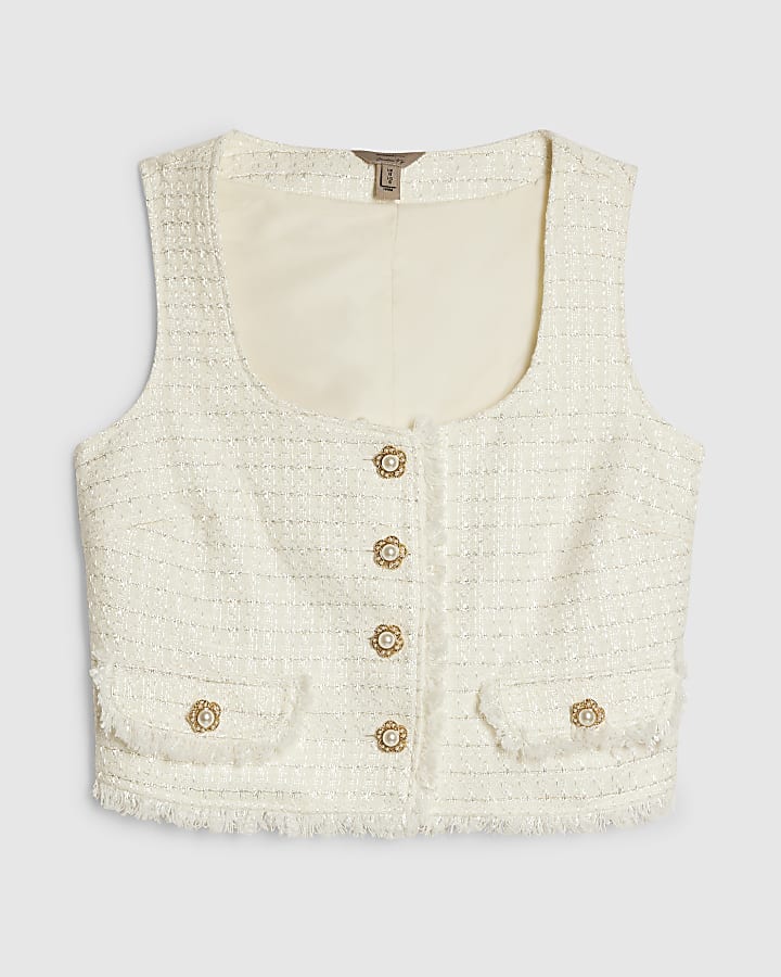 White Fringe Hem Boucle Waistcoat