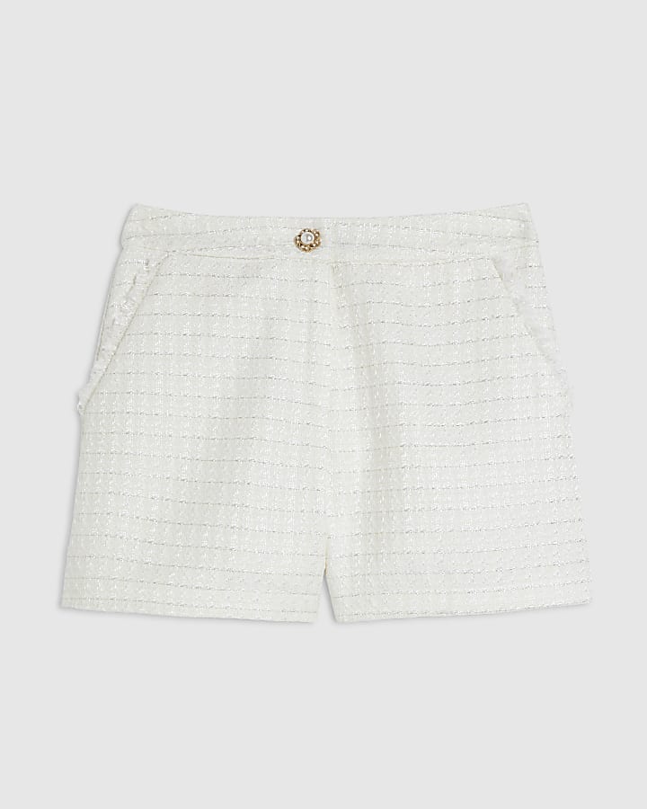 White Fringe Hem Boucle Shorts
