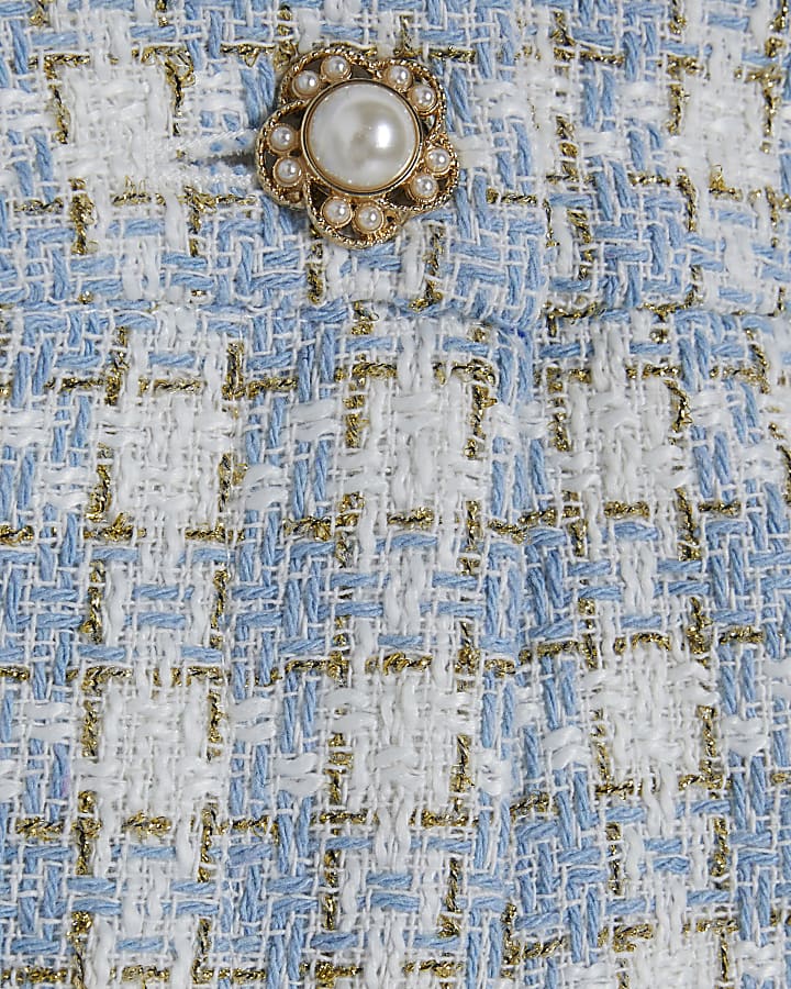 Blue Check Fringe Hem Boucle Shorts