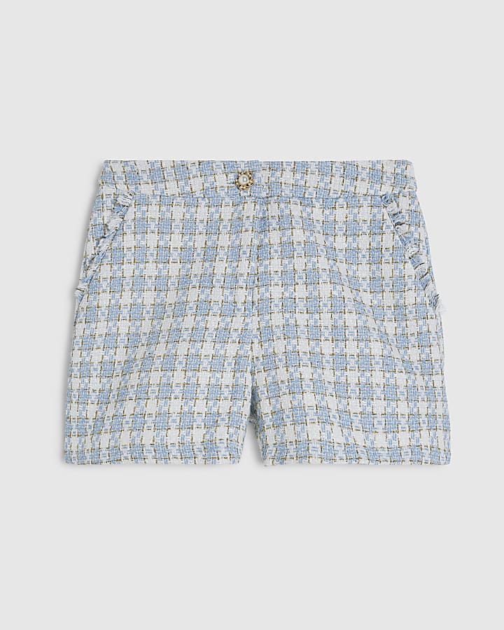 Blue Check Fringe Hem Boucle Shorts