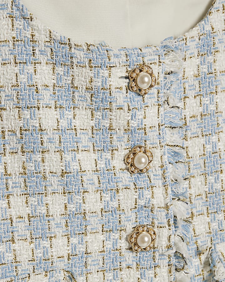 Blue Check Fringe Hem Boucle Waistcoat