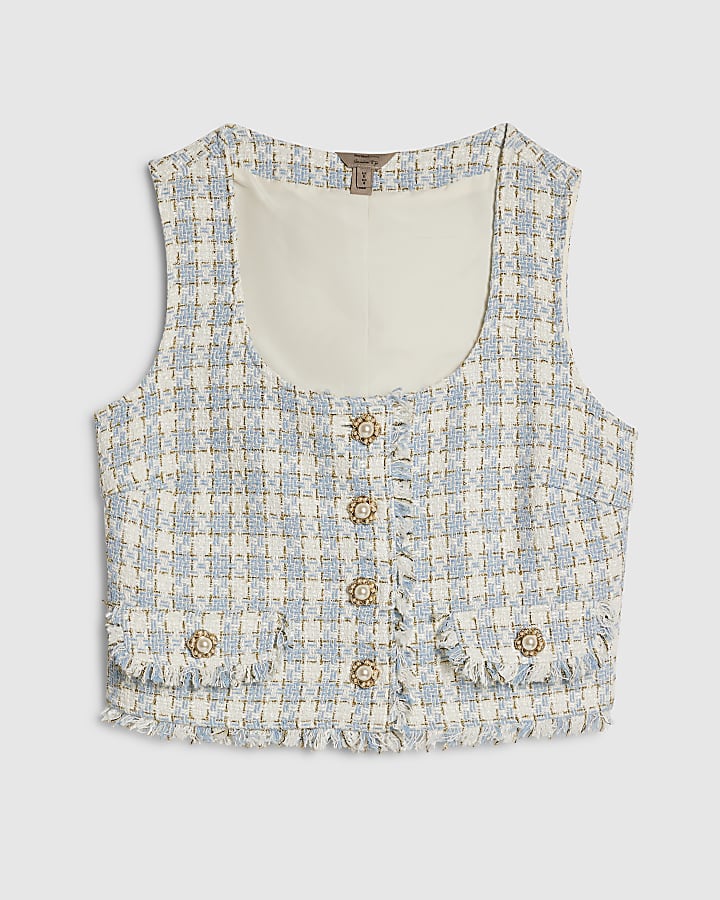 Blue Check Fringe Hem Boucle Waistcoat