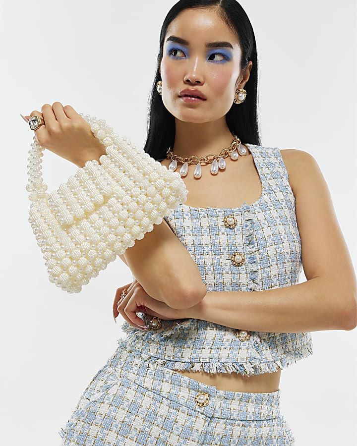 Blue Check Fringe Hem Boucle Waistcoat