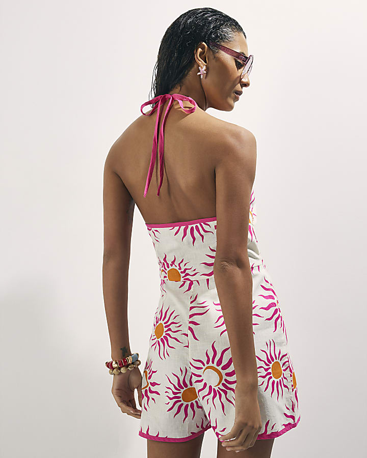 White Sun Print Halter Neck Playsuit