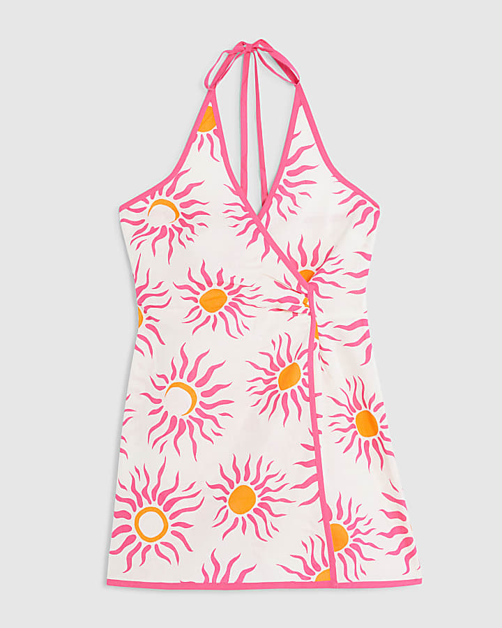 White Sun Print Halter Neck Playsuit