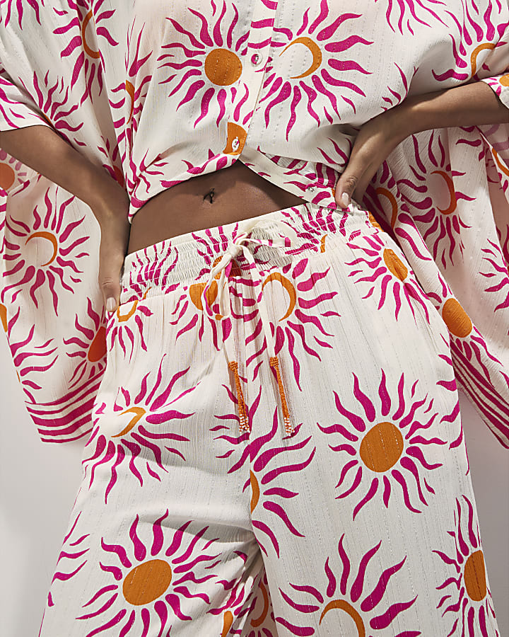 White Sun Print Wide Leg Beach Trousers