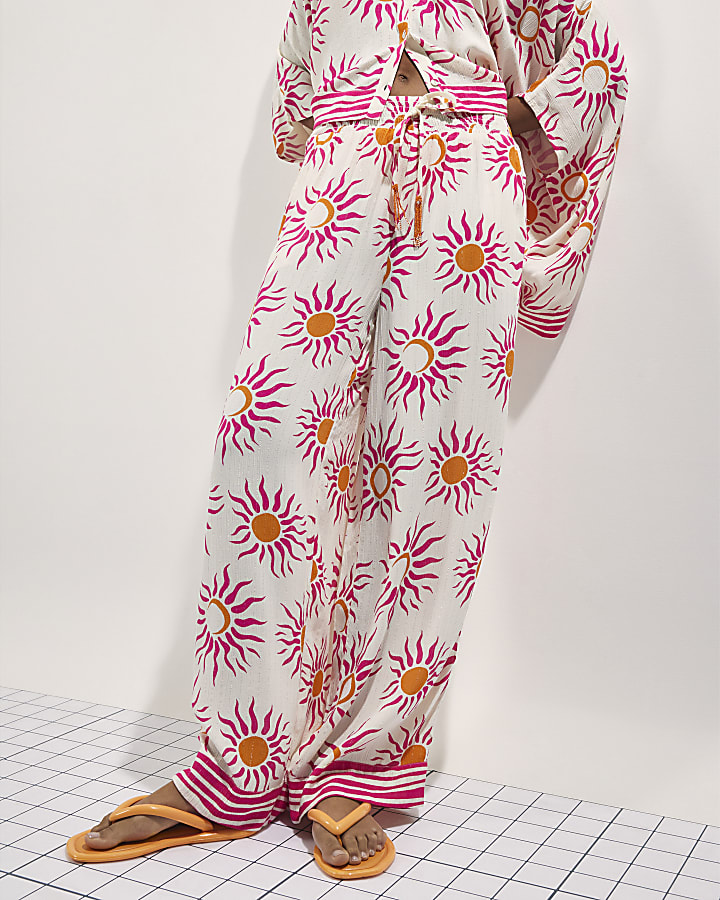 White Sun Print Wide Leg Beach Trousers