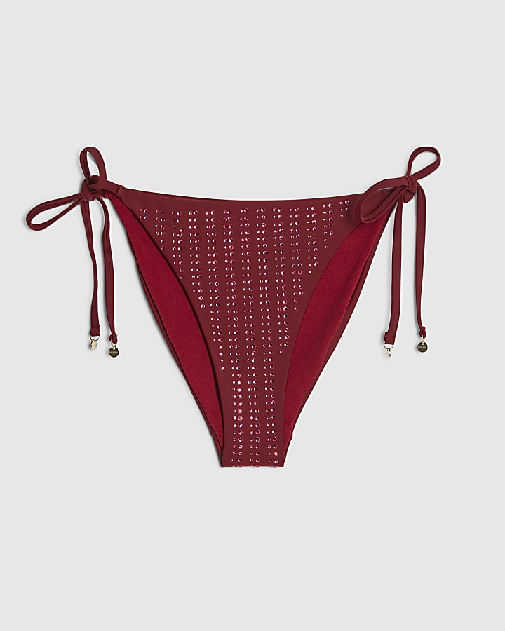 Red Diamante Tie Side Bikini Bottoms