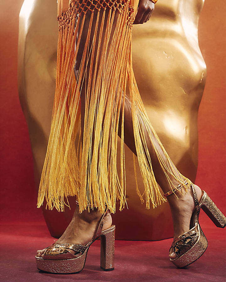 Gold Cross Strap Platform Heels