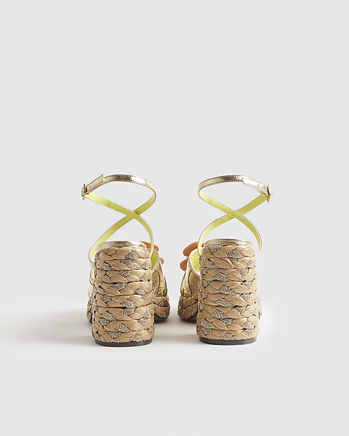 Gold Raffia Heel Flower Sandals