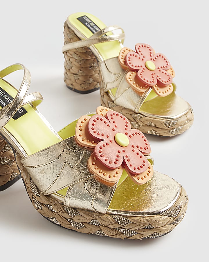 Gold Raffia Heel Flower Sandals