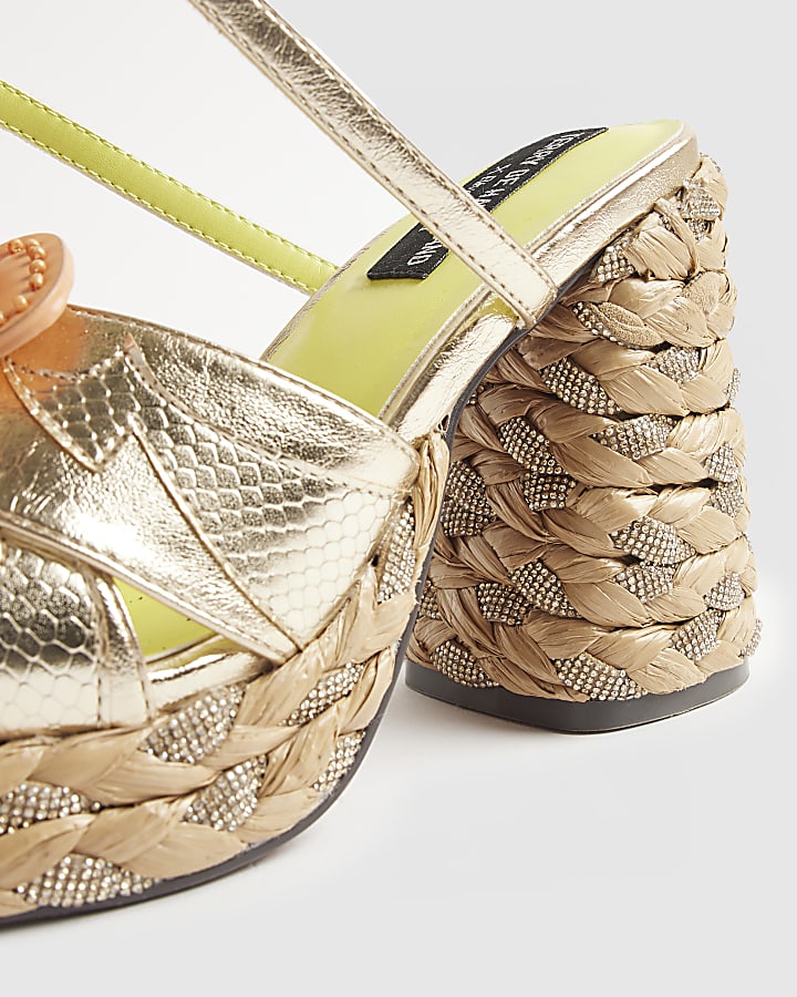 Gold Raffia Heel Flower Sandals