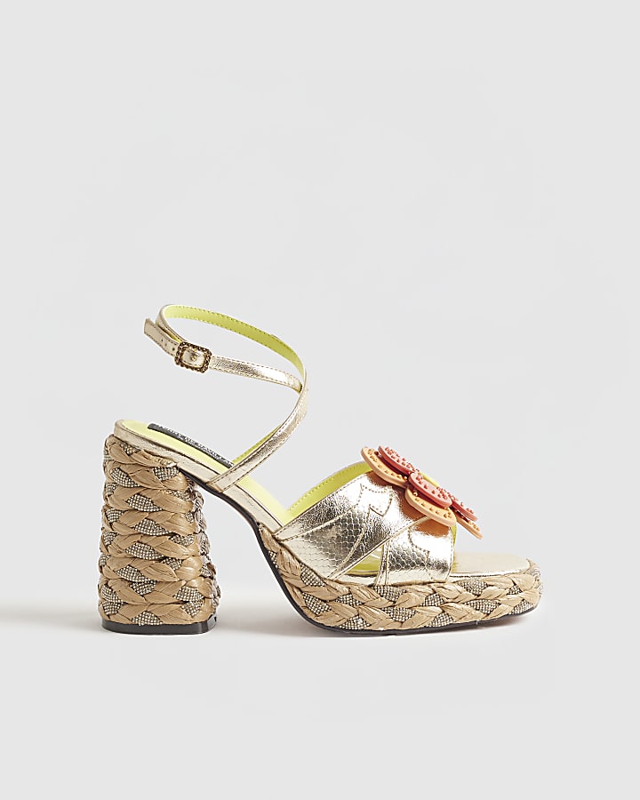 Gold Raffia Heel Flower Sandals