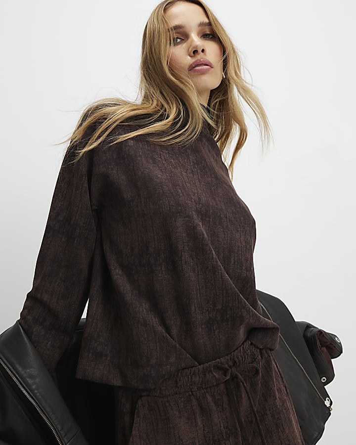 Brown Premium High Neck Crinkle Effect Top