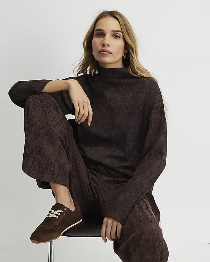 Brown Premium High Neck Crinkle Effect Top