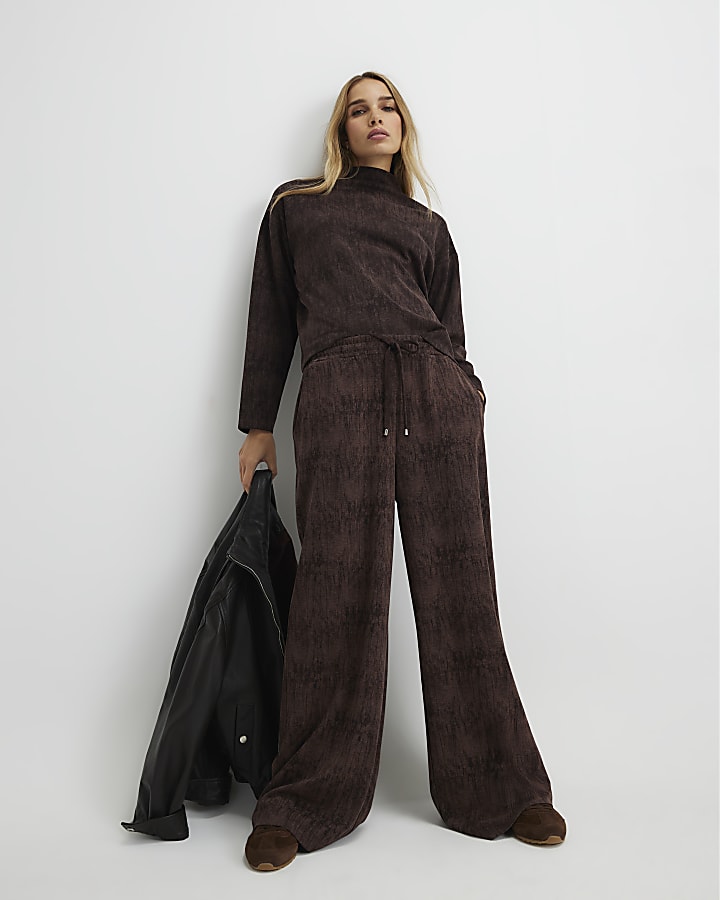 Brown Premium High Neck Crinkle Effect Top