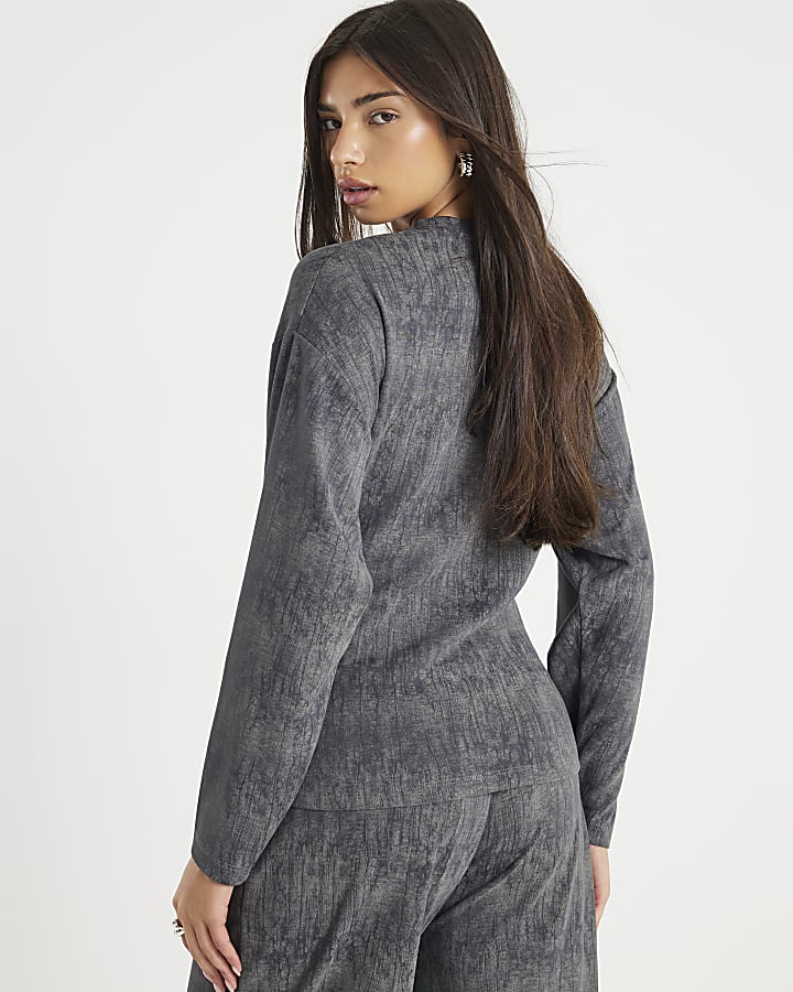 Grey Premium Crinkle Effect Tie Front Top