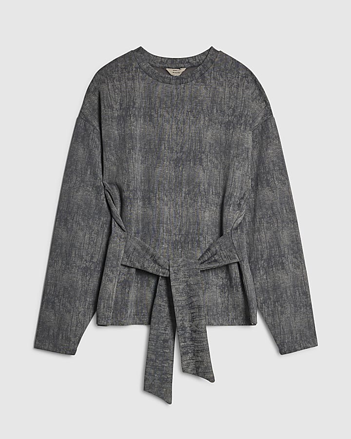 Grey Premium Crinkle Effect Tie Front Top