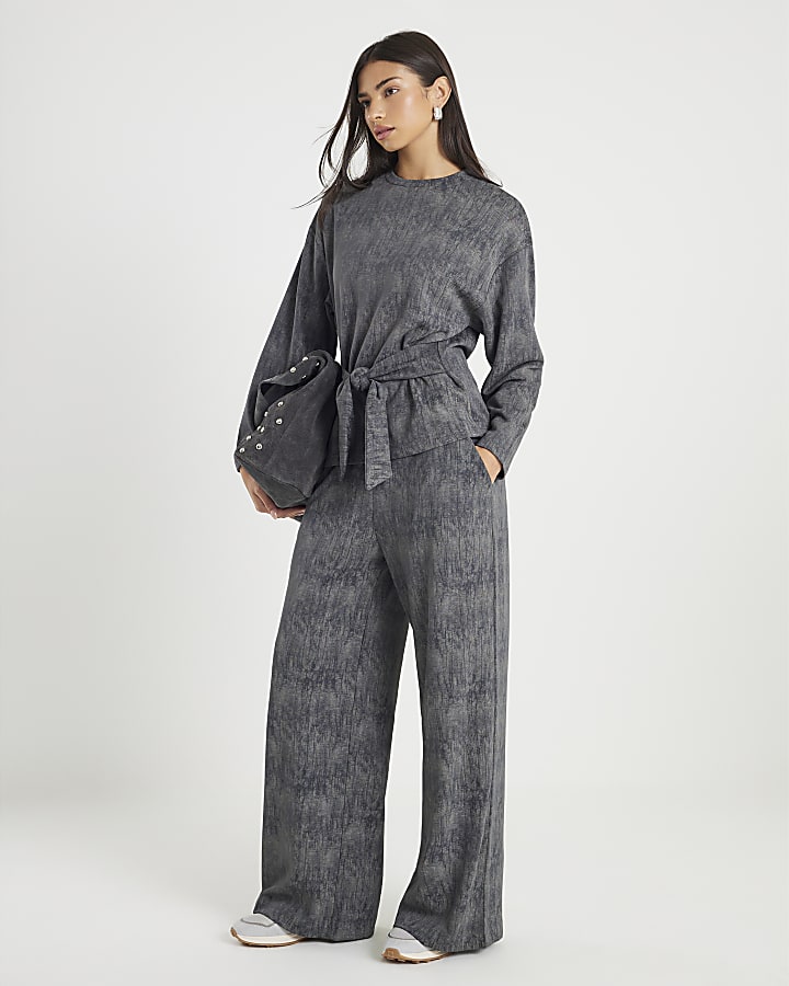 Grey Premium Crinkle Effect Tie Front Top