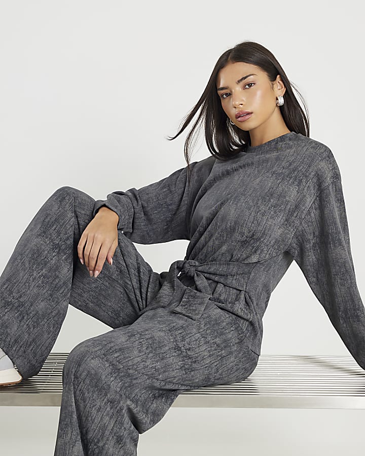 Grey Premium Crinkle Effect Tie Front Top