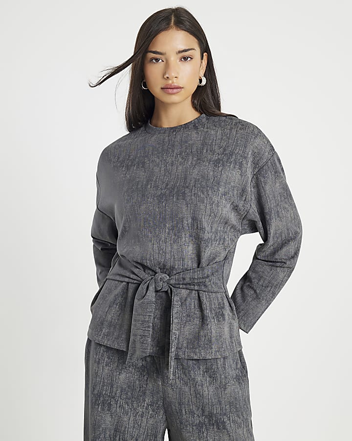 Grey Premium Crinkle Effect Tie Front Top