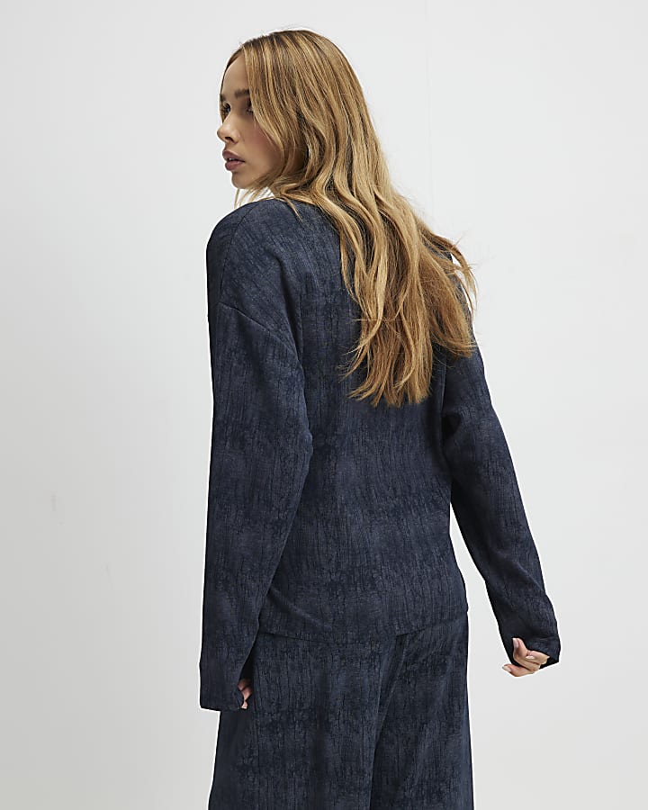 Navy Premium Abstract Print Tie Front Top