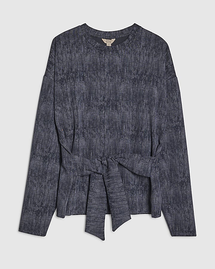 Navy Premium Abstract Print Tie Front Top