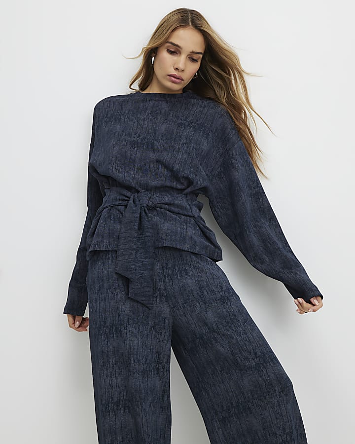 Navy Premium Abstract Print Tie Front Top