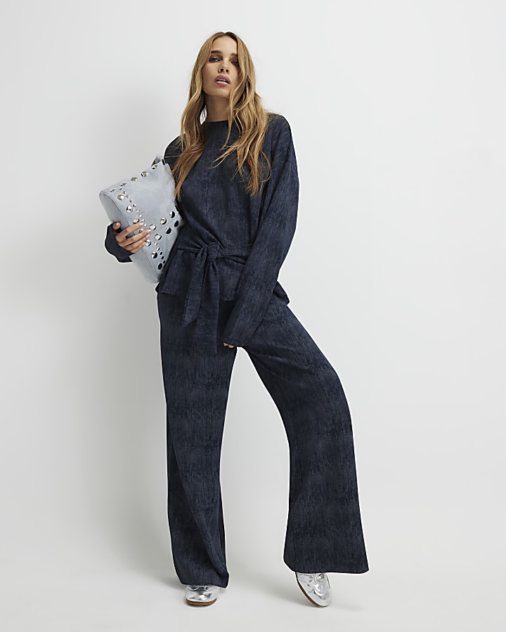 Navy Premium Abstract Print Tie Front Top