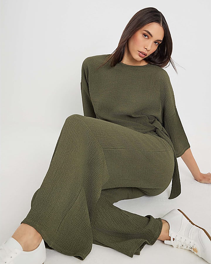 Khaki Textured Wide Leg Trousers