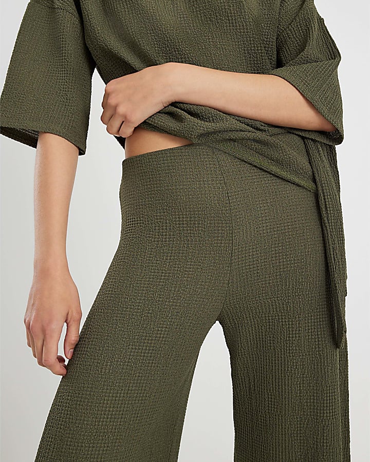 Khaki Textured Wide Leg Trousers