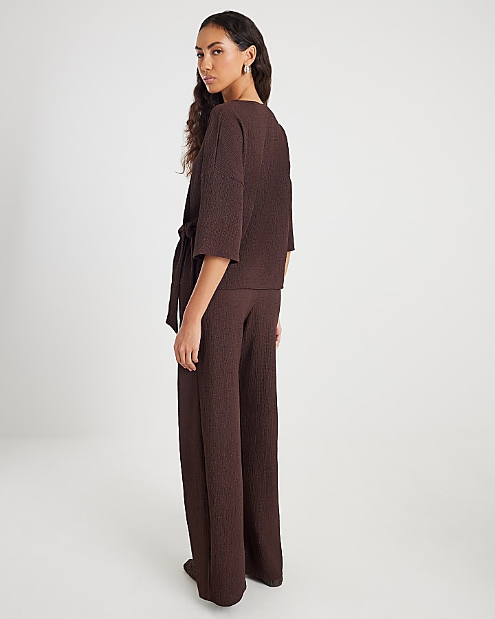 Brown Textured Wide leg Trousers