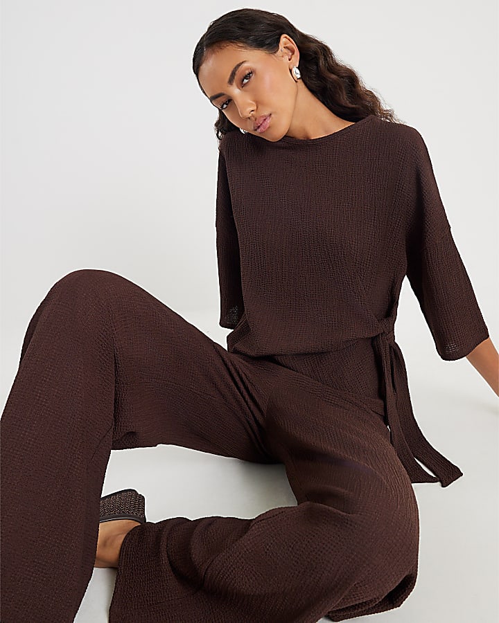 Brown Textured Wide leg Trousers