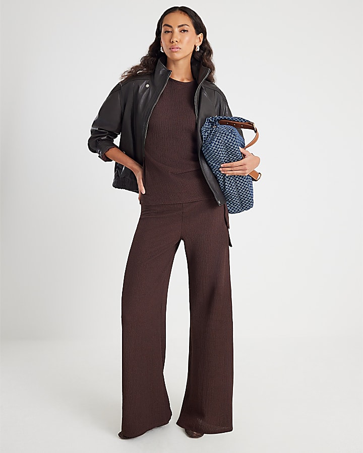 Brown Textured Wide leg Trousers