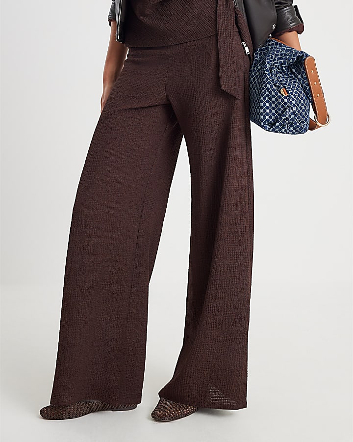Brown Textured Wide leg Trousers