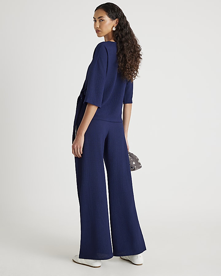 Navy Textured Wide Leg Trousers