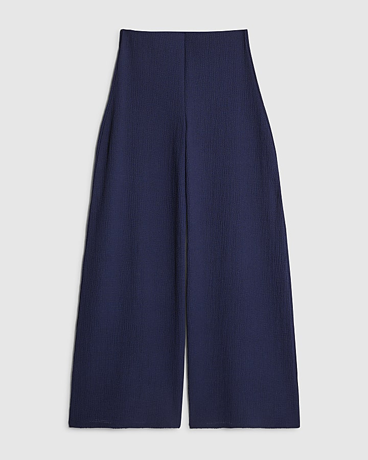 Navy Textured Wide Leg Trousers